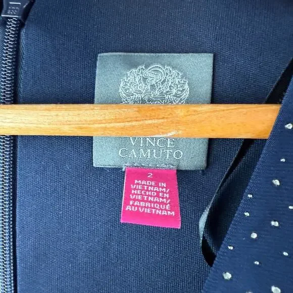 Vince Camuto Midi Dress Size 2 Navy Silver Rouged Cocktail Mother Bride Party - Picture 2 of 8